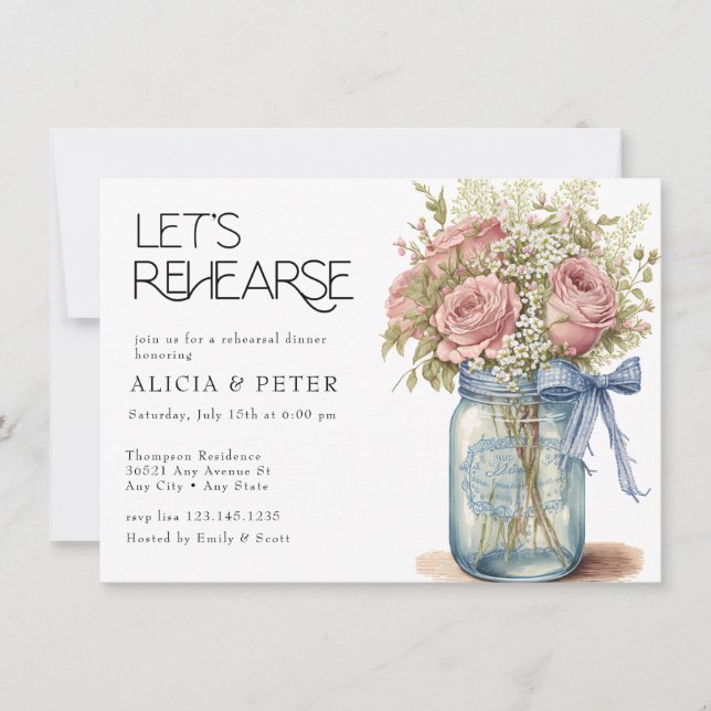 Invitación Mason Jar | Rosas Rosadas Cena de Ensayo (Anverso)