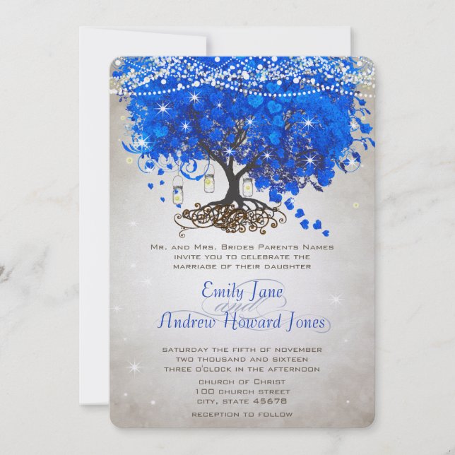 Invitación Mason Jar Royal Blue Heart Leaf Tree Boda (Anverso)