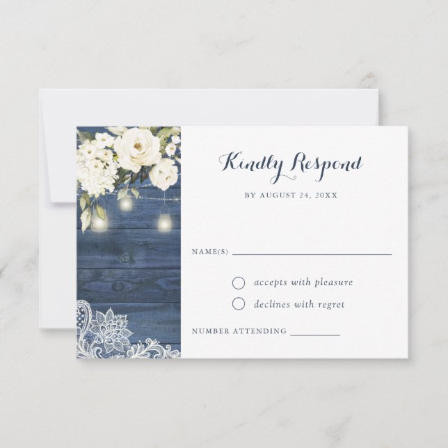 Invitación Mason Jar RSVP floral blanca de encaje de madera a (Anverso)