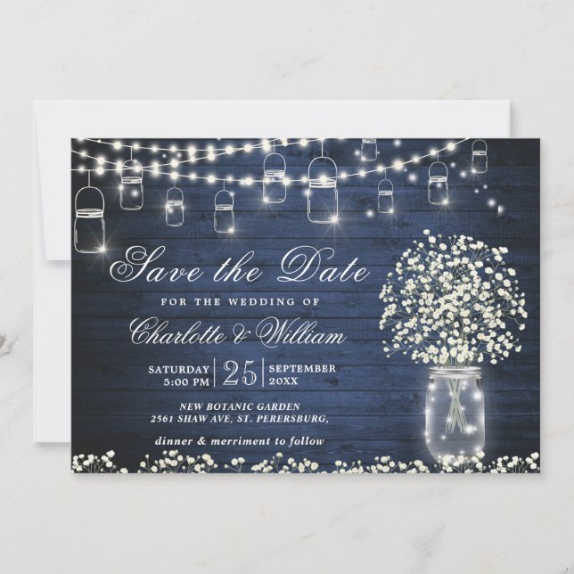 Invitación Mason Jar Rustic Blue Wood Boda (Anverso)