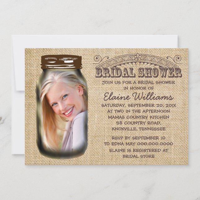 Invitación Mason Jar Rustic Burlap Bridal Shower (Anverso)
