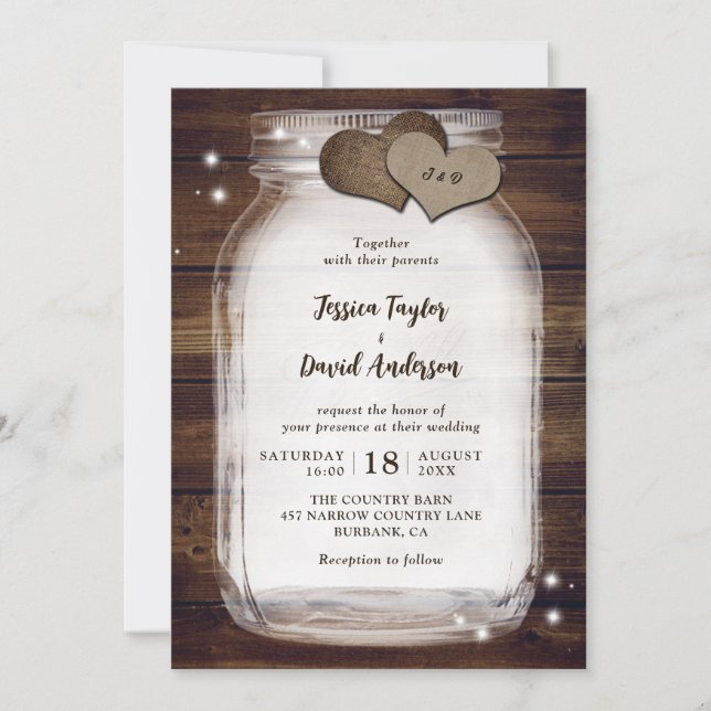 Invitación Mason Jar Rustic Burlap Hearts Barn Wood Boda (Anverso)