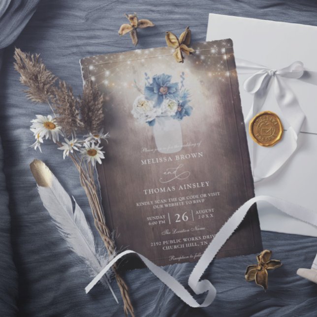 Invitación Mason Jar Rustic Country Budget QR Code Wedding (Subido por el creador)