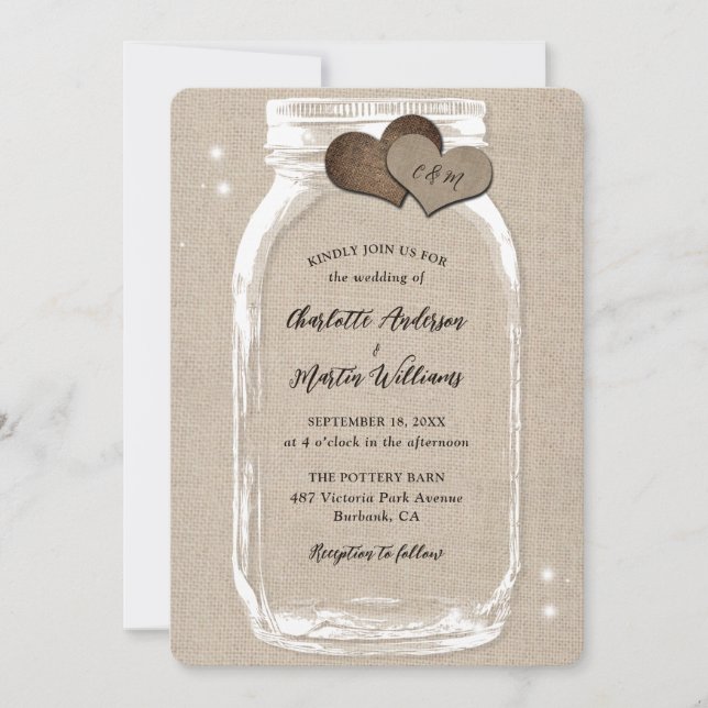 Invitación Mason Jar Rustic Country Burlap Boda (Anverso)