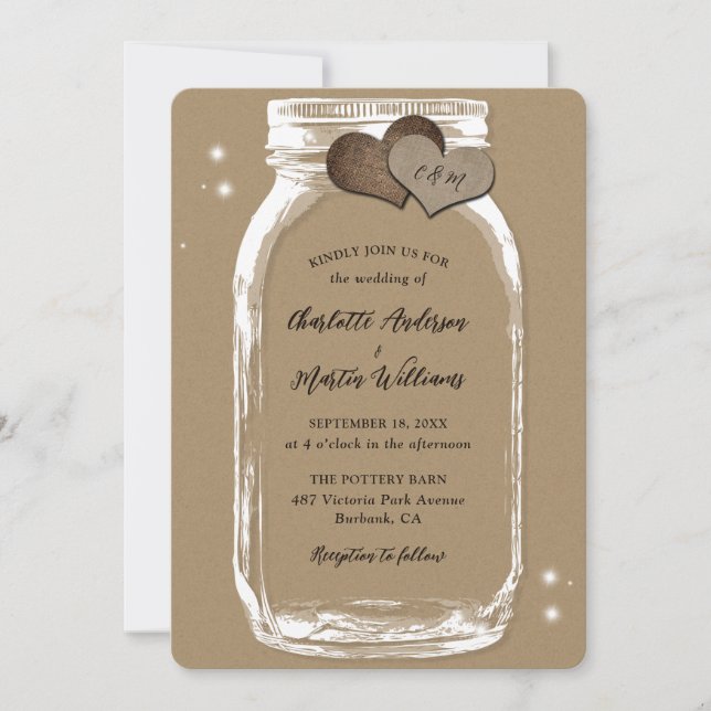 Invitación Mason Jar Rustic Country Kraft Paper Boda (Anverso)