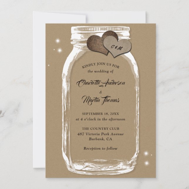 Invitación Mason Jar Rustic Country Kraft Paper Boda (Anverso)
