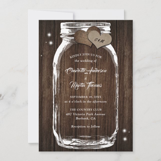 Invitación Mason Jar Rustic Country Wood Burlap Boda (Anverso)