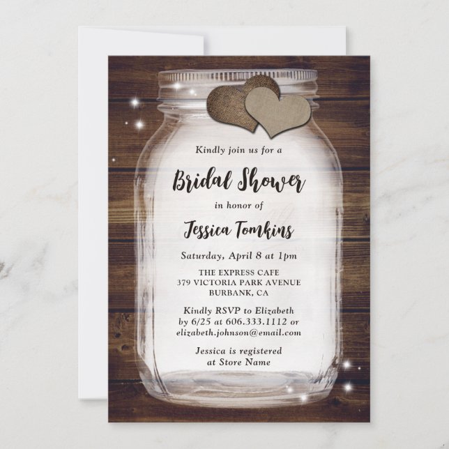 Invitación Mason Jar Rustic Country Wood Burlap Bridal Shower (Anverso)