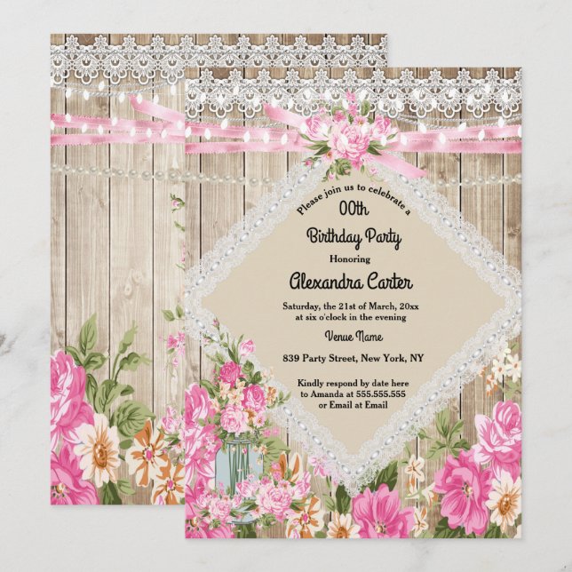 Invitación Mason Jar Rustic Pearl String ilumina el rosa flor (Anverso / Reverso)