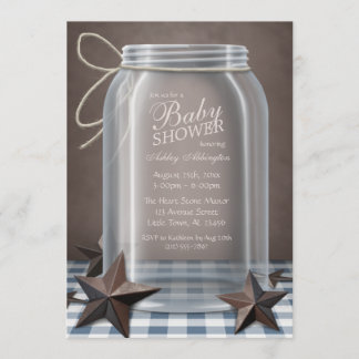 Invitación Mason Jar Rustic Stars Blue Gingham Baby Shower