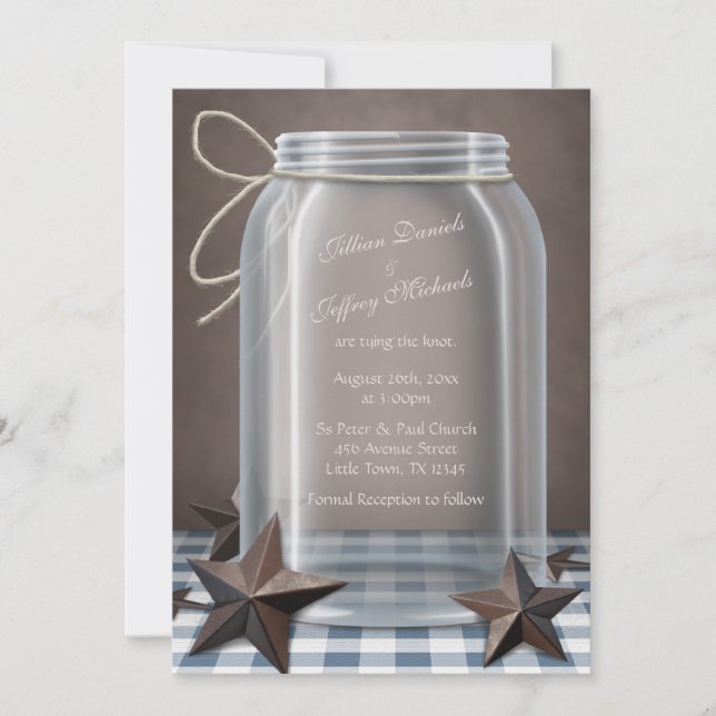 Invitación Mason Jar Rustic Stars Blue Gingham Boda (Anverso)