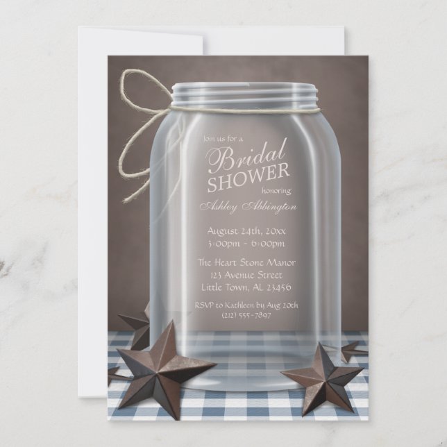 Invitación Mason Jar Rustic Stars Blue Gingham Bridal Shower (Anverso)