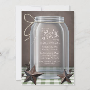 Invitación Mason Jar Rustic Stars Green Gingham Baby Shower