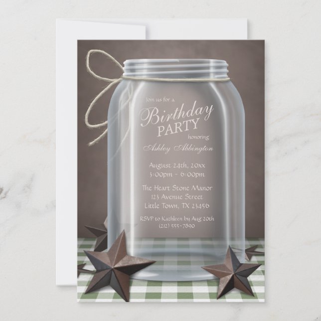 Invitación Mason Jar Rustic Stars Green Gingham Birthday (Anverso)