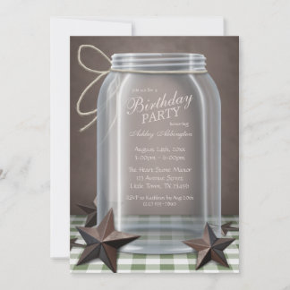 Invitación Mason Jar Rustic Stars Green Gingham Birthday