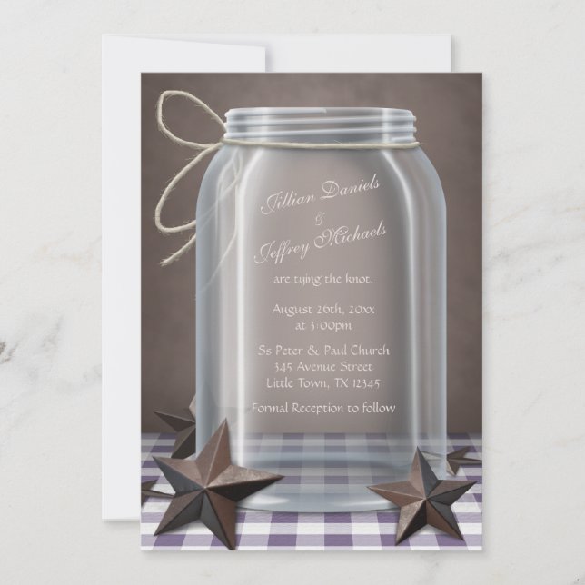 Invitación Mason Jar Rustic Stars Purple Gingham Boda (Anverso)