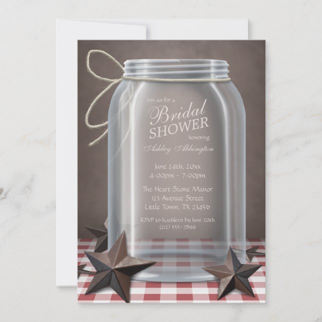 Invitación Mason Jar Rustic Stars Red Gingham Bridal Shower (Anverso)