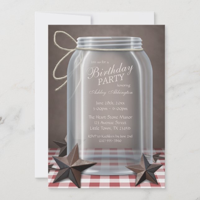 Invitación Mason Jar Rustic Stars Red Gingham Cumpleaños (Anverso)