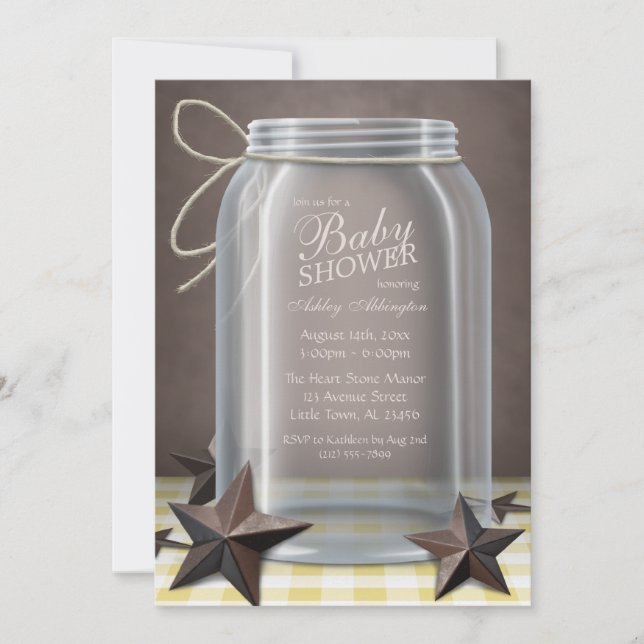 Invitación Mason Jar Rustic Stars Yellow Gingham Baby Shower (Anverso)