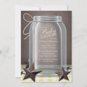 Invitación Mason Jar Rustic Stars Yellow Gingham Baby Shower