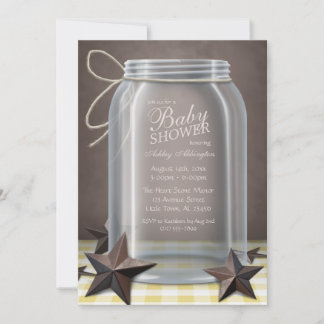 Invitación Mason Jar Rustic Stars Yellow Gingham Baby Shower