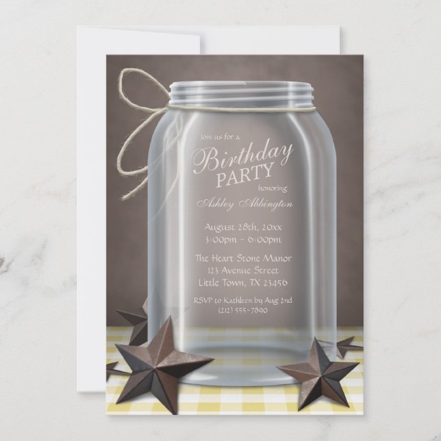 Invitación Mason Jar Rustic Stars Yellow Gingham Birthday (Anverso)