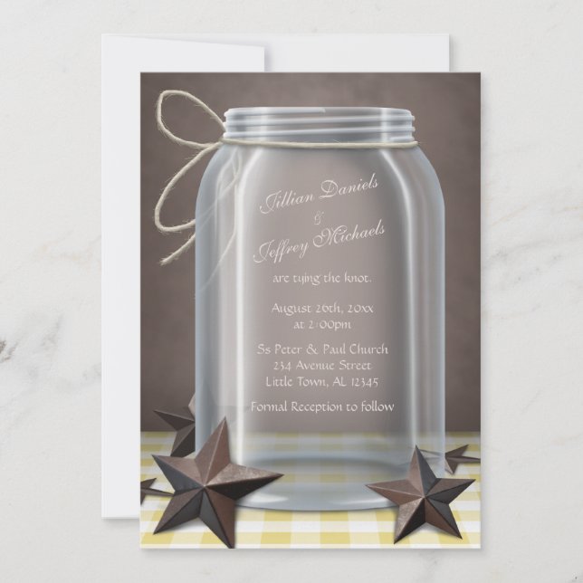 Invitación Mason Jar Rustic Stars Yellow Gingham Boda (Anverso)