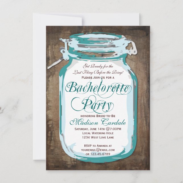 Invitación Mason Jar Rustic Wood Bachelorette Party invita (Anverso)