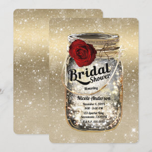 Invitación Mason Jar Sparkle Lights & Red Rose Bridal Shower