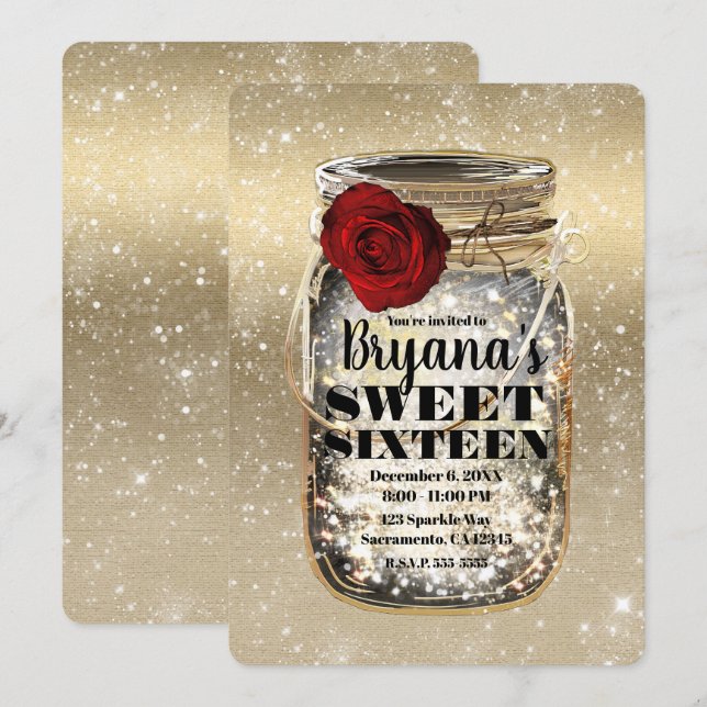 Invitación Mason Jar Sparkle Lights & Red Rose Sweet 16 (Anverso / Reverso)