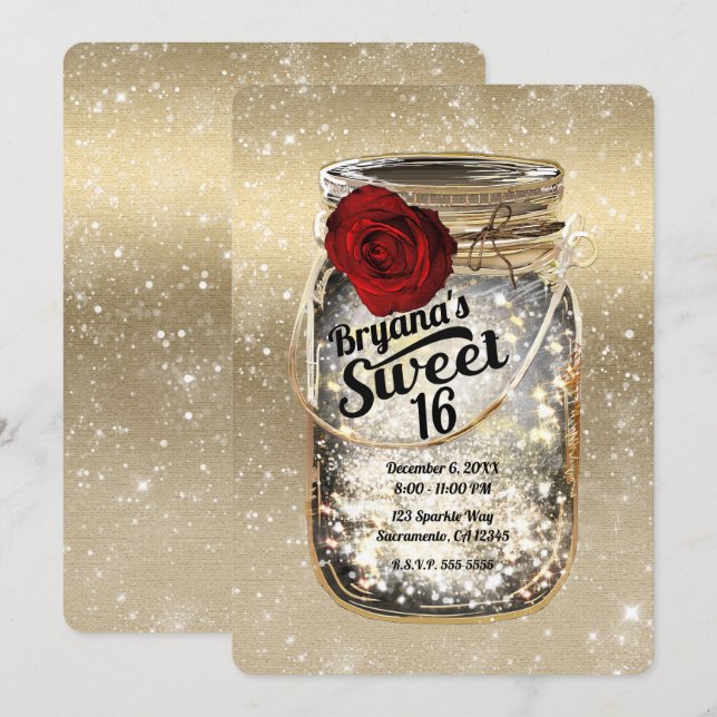 Invitación Mason Jar Sparkle Lights & Red Rose Sweet 16 (Anverso / Reverso)
