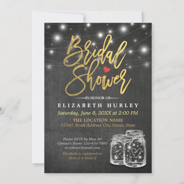 Invitación Mason Jar & String Lights Chalkboard Bridal Shower (Anverso)