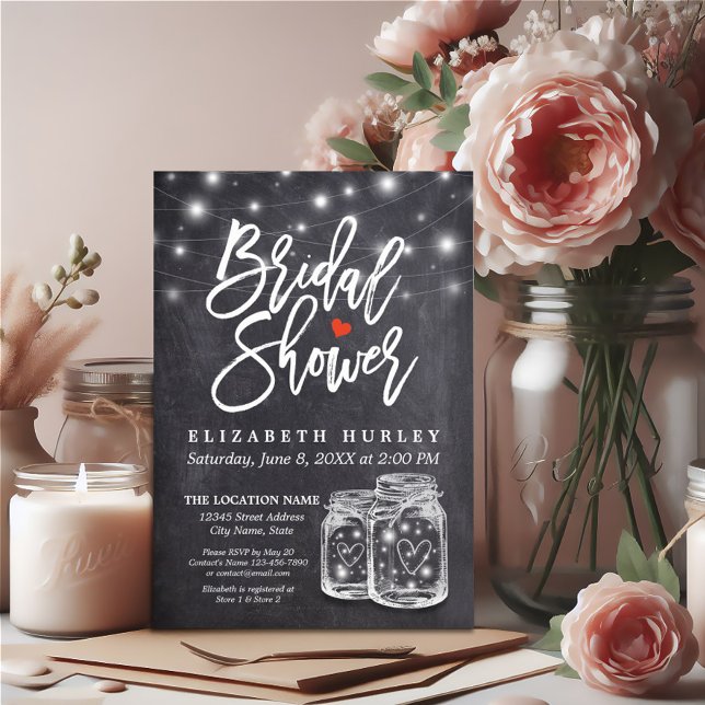 Invitación Mason Jar & String Lights Chalkboard Bridal Shower (Subido por el creador)