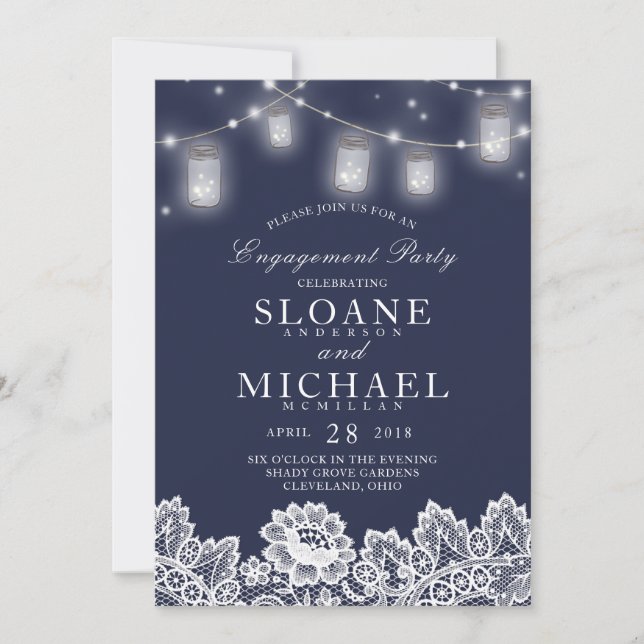 Invitación Mason Jar String Lights Lace Navy Engagement Party (Anverso)