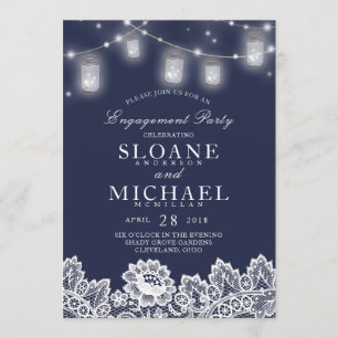 Invitación Mason Jar String Lights Lace Navy Engagement Party