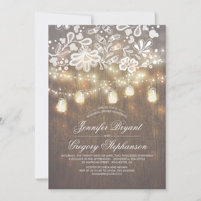 Invitación Mason Jar String Lights Lace Rehearsal Dinner (Anverso)