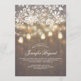 Invitación Mason Jar String Luces Lace Wood Bridal Shower