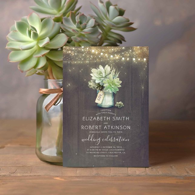 Invitación Mason Jar Succulent Bouquet Rustic Wedding (Succulents Mason Jar Vase Cute Rustic Country Wedding Invitation)