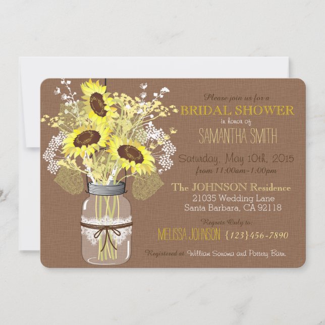 Invitación Mason Jar Sunflower Burlap Rústico Bridal Shower (Anverso)