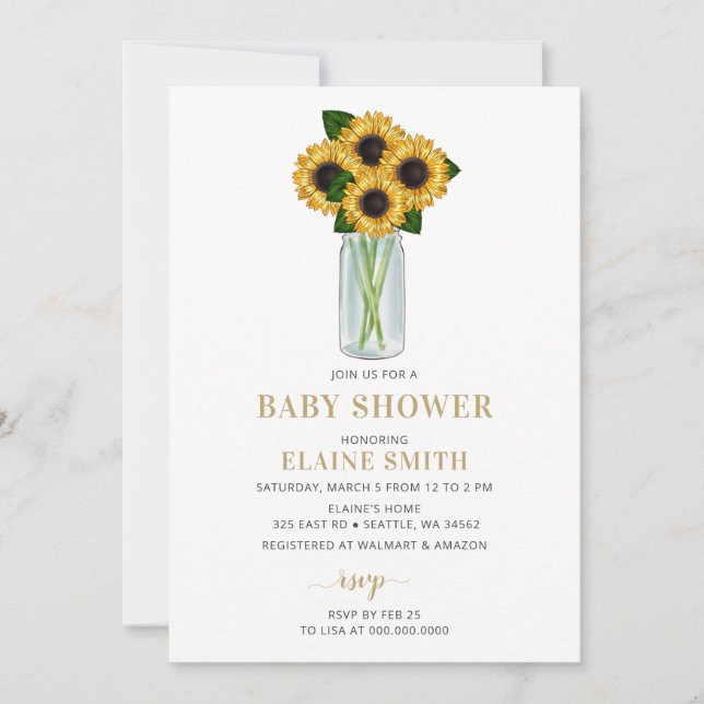 Invitación Mason Jar Sunflowers Género Neutral Baby Shower (Anverso)