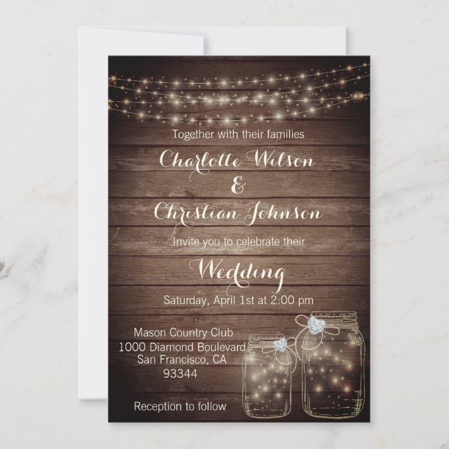 Invitación Mason Jar, un país de Madera Rústica, Boda FOTO (Anverso)