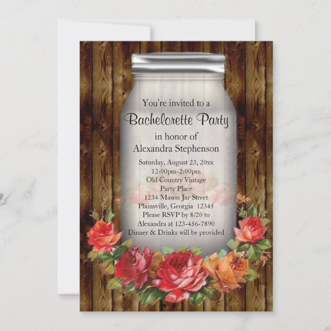 Invitación Mason Jar Vintage Country Bachelorette (Anverso)