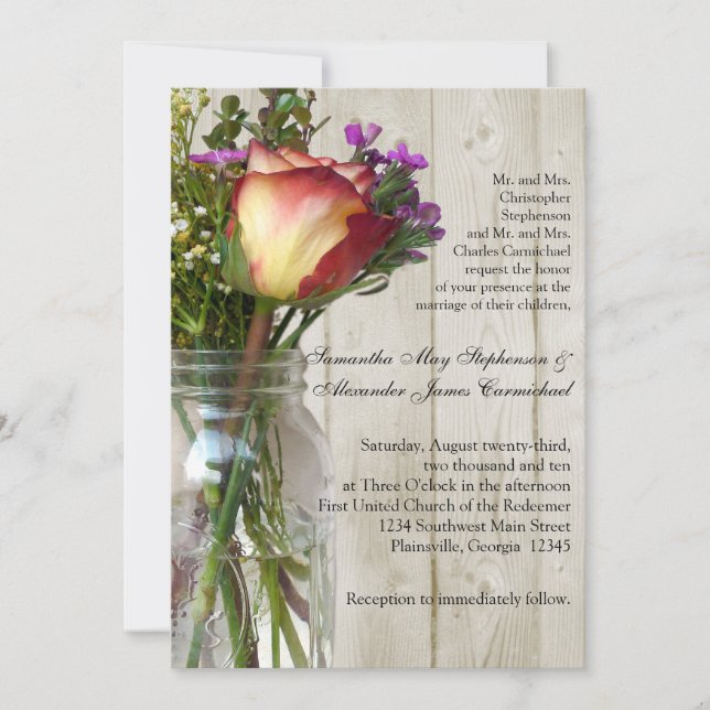 Invitación Mason Jar w/Rosa Boda fotográfico Ceremonia (Anverso)