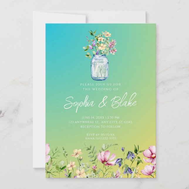 Invitación Mason Jar Wildflowers Boda Rústica de Ombre Verde (Anverso)
