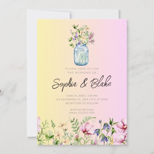 Invitación Mason Jar Wildflowers Boda Rústica Ómbre Rosa (Anverso)
