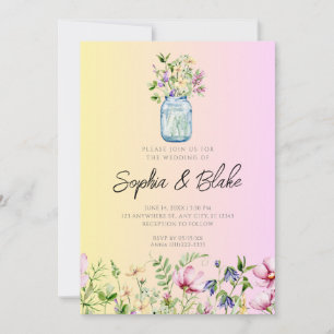 Invitación Mason Jar Wildflowers Boda Rústica Ómbre Rosa