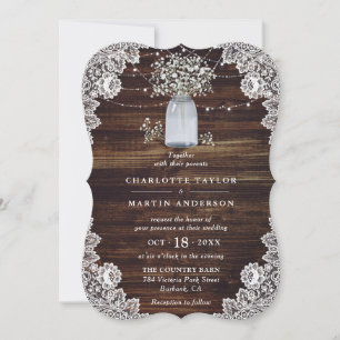 Invitación Mason Jar Wood Floral Lace Boda de la respiración