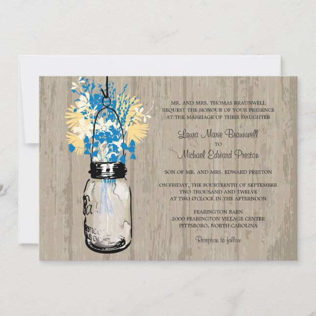 Invitación Mason Jar y Boda de Flores Silvestres de Madera Ru (Anverso)