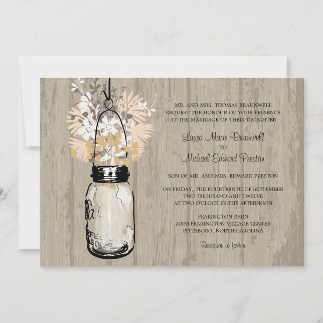 Invitación Mason Jar y Boda de Flores Silvestres de Madera Ru (Anverso)