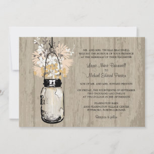Invitación Mason Jar y Boda de flores silvestres de madera ru